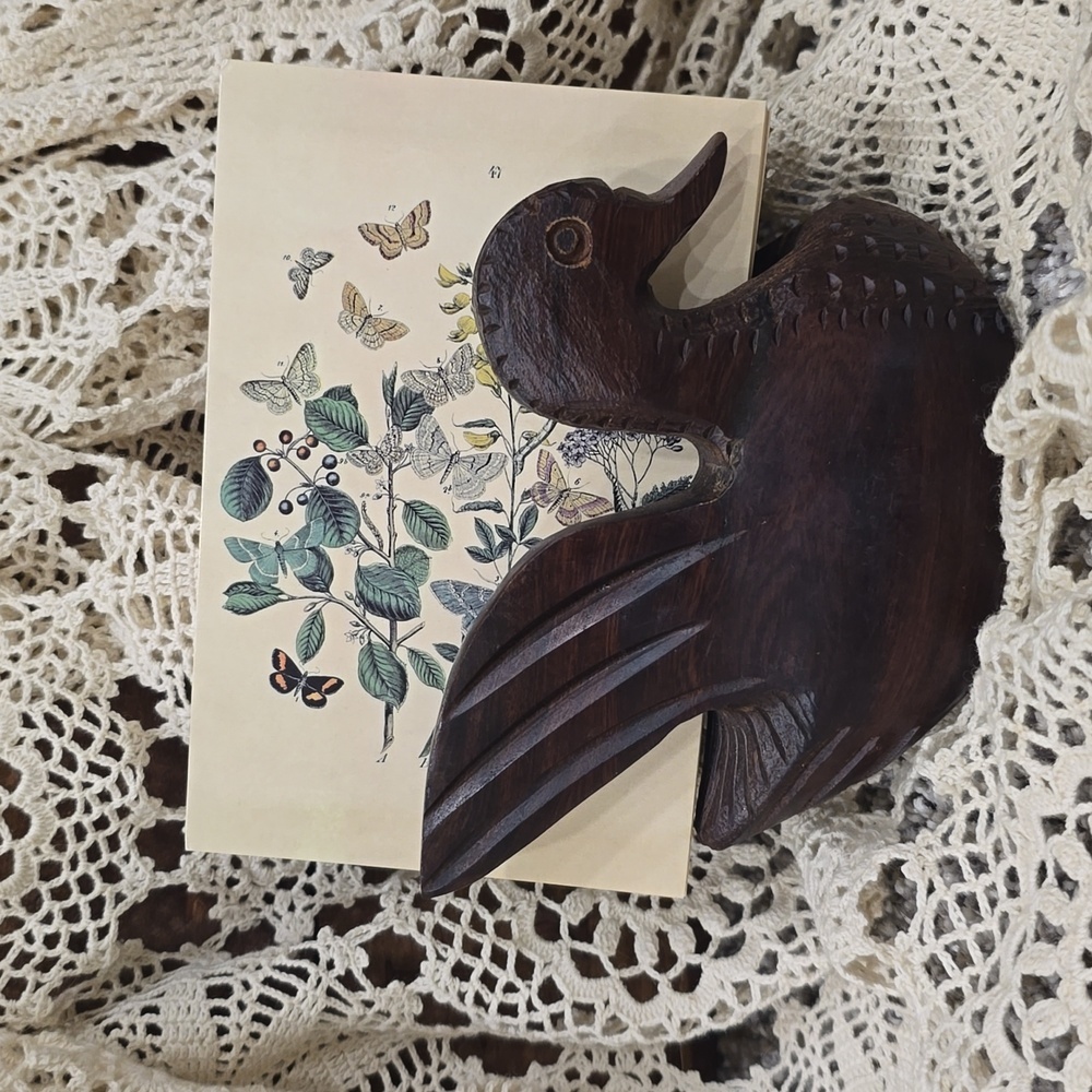 Carved Wooden Bird Duck Figurine Napkin Card Holder Rare Find
